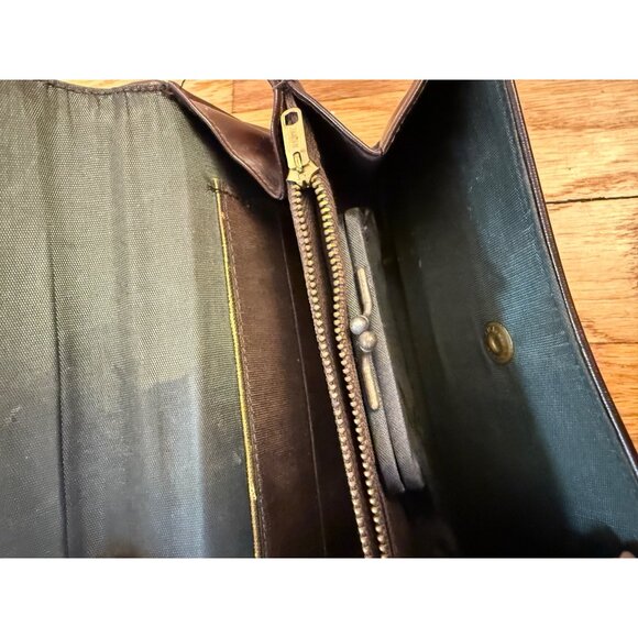 Retro 70s Dark Brown Leather Clutch Wallet Snap Closure Change Purse Kiss Clasp - Picture 8 of 12